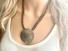 Load image into Gallery viewer, Vintage Gold Pendant Beaded long necklace, shiny beaded statement necklace, everyday metal chunky layering necklace multi strand