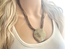 Load image into Gallery viewer, Vintage Gold Pendant Beaded long necklace, shiny beaded statement necklace, everyday metal chunky layering necklace multi strand