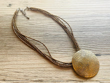 Load image into Gallery viewer, Vintage Gold Pendant Beaded long necklace, shiny beaded statement necklace, everyday metal chunky layering necklace multi strand