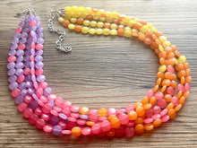 Load image into Gallery viewer, Extra Long Island Summer Sunset Beaded Statement Necklace, beaded jewelry, earrings chunky bib coral yellow orange blush pink purple collar