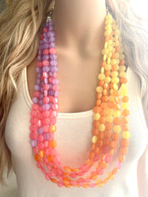 Load image into Gallery viewer, Extra Long Island Summer Sunset Beaded Statement Necklace, beaded jewelry, earrings chunky bib coral yellow orange blush pink purple collar
