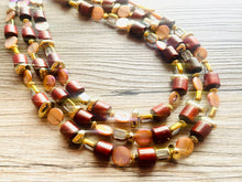 Load image into Gallery viewer, Brown Shell 3 strand statement Necklace, wood Beaded Necklace, summer gold jewelry, triple strand faceted bubble necklace neutral
