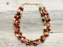 Load image into Gallery viewer, Brown Shell 3 strand statement Necklace, wood Beaded Necklace, summer gold jewelry, triple strand faceted bubble necklace neutral