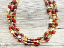 Load image into Gallery viewer, Brown Shell 3 strand statement Necklace, wood Beaded Necklace, summer gold jewelry, triple strand faceted bubble necklace neutral