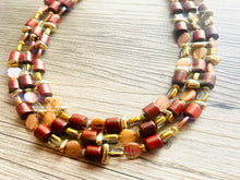 Load image into Gallery viewer, Brown Shell 3 strand statement Necklace, wood Beaded Necklace, summer gold jewelry, triple strand faceted bubble necklace neutral