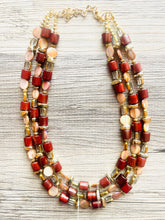 Load image into Gallery viewer, Brown Shell 3 strand statement Necklace, wood Beaded Necklace, summer gold jewelry, triple strand faceted bubble necklace neutral