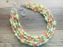 Load image into Gallery viewer, Summer sunshine Yellow Coral Necklace, chunky Jewelry, mint green shell beaded statement, bib yellow jewelry, 4 strand OOAK green jewelry