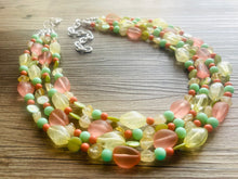 Load image into Gallery viewer, Summer sunshine Yellow Coral Necklace, chunky Jewelry, mint green shell beaded statement, bib yellow jewelry, 4 strand OOAK green jewelry