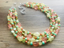 Load image into Gallery viewer, Summer sunshine Yellow Coral Necklace, chunky Jewelry, mint green shell beaded statement, bib yellow jewelry, 4 strand OOAK green jewelry