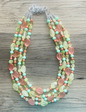 Load image into Gallery viewer, Summer sunshine Yellow Coral Necklace, chunky Jewelry, mint green shell beaded statement, bib yellow jewelry, 4 strand OOAK green jewelry