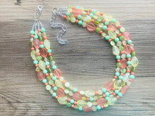 Load image into Gallery viewer, Summer sunshine Yellow Coral Necklace, chunky Jewelry, mint green shell beaded statement, bib yellow jewelry, 4 strand OOAK green jewelry