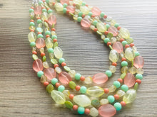 Load image into Gallery viewer, Summer sunshine Yellow Coral Necklace, chunky Jewelry, mint green shell beaded statement, bib yellow jewelry, 4 strand OOAK green jewelry