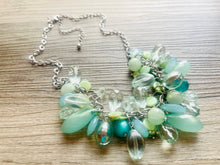 Load image into Gallery viewer, Green Chunky Cluster Necklace, silver and green beaded necklace, holiday jewelry, Shell pearl crystal necklace bib statement Necklace