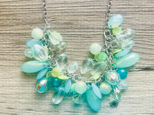 Load image into Gallery viewer, Green Chunky Cluster Necklace, silver and green beaded necklace, holiday jewelry, Shell pearl crystal necklace bib statement Necklace