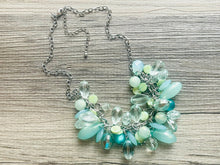 Load image into Gallery viewer, Green Chunky Cluster Necklace, silver and green beaded necklace, holiday jewelry, Shell pearl crystal necklace bib statement Necklace