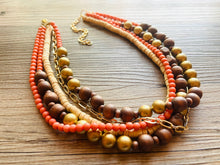 Load image into Gallery viewer, Coral Wood & Gold statement necklace, chunky bib beaded jewelry 5 strand neutral, wood multi strand wood thick bib vintage, brown gold