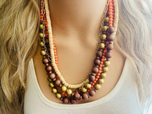 Load image into Gallery viewer, Coral Wood & Gold statement necklace, chunky bib beaded jewelry 5 strand neutral, wood multi strand wood thick bib vintage, brown gold