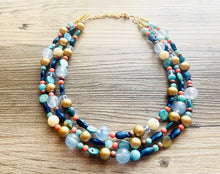 Load image into Gallery viewer, Coral Fish 3 Strand Royal Blue Necklace, multi strand bright blue jewelry, big beaded chunky necklace, gold dark blue statement navy