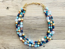 Load image into Gallery viewer, Coral Fish 3 Strand Royal Blue Necklace, multi strand bright blue jewelry, big beaded chunky necklace, gold dark blue statement navy