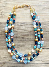 Load image into Gallery viewer, Coral Fish 3 Strand Royal Blue Necklace, multi strand bright blue jewelry, big beaded chunky necklace, gold dark blue statement navy