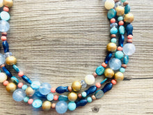 Load image into Gallery viewer, Coral Fish 3 Strand Royal Blue Necklace, multi strand bright blue jewelry, big beaded chunky necklace, gold dark blue statement navy
