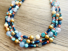 Load image into Gallery viewer, Coral Fish 3 Strand Royal Blue Necklace, multi strand bright blue jewelry, big beaded chunky necklace, gold dark blue statement navy