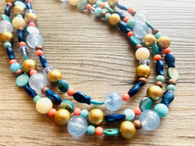 Load image into Gallery viewer, Coral Fish 3 Strand Royal Blue Necklace, multi strand bright blue jewelry, big beaded chunky necklace, gold dark blue statement navy