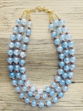 Load image into Gallery viewer, Beach Dock Necklace, multi strand jewelry, big beaded chunky statement necklace, blue clear resin chambray, periwinkle wood brown gold