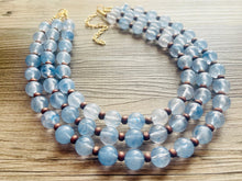Load image into Gallery viewer, Beach Dock Necklace, multi strand jewelry, big beaded chunky statement necklace, blue clear resin chambray, periwinkle wood brown gold