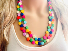 Load image into Gallery viewer, Rainbow Double Statement Necklace, Chunky Jewelry Big Beaded Necklace, colorful Necklace, baby pink blue green white Jewelry bubble Earrings