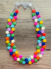 Load image into Gallery viewer, Rainbow Double Statement Necklace, Chunky Jewelry Big Beaded Necklace, colorful Necklace, baby pink blue green white Jewelry bubble Earrings