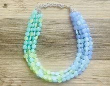 Load image into Gallery viewer, Rainforest Island Sunset Beaded Statement Necklace, beaded jewelry, earrings chunky bib 5 strand lime emerald periwinkle sky blue collar