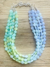 Load image into Gallery viewer, Rainforest Island Sunset Beaded Statement Necklace, beaded jewelry, earrings chunky bib 5 strand lime emerald periwinkle sky blue collar