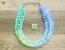 Load image into Gallery viewer, Rainforest Island Sunset Beaded Statement Necklace, beaded jewelry, earrings chunky bib 5 strand lime emerald periwinkle sky blue collar