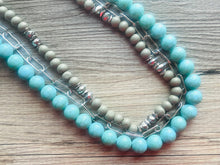 Load image into Gallery viewer, Gray Waves & Turquoise Silver Chain Blues statement Necklace, green wood beaded chunky bib wedding crystals, dark navy blue