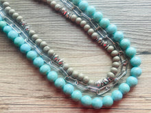 Load image into Gallery viewer, Gray Waves & Turquoise Silver Chain Blues statement Necklace, green wood beaded chunky bib wedding crystals, dark navy blue
