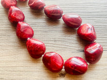 Load image into Gallery viewer, Red Swirl Necklace, single strand jewelry, big beaded chunky statement necklace, red resin painted bridesmaid necklace, bib necklace