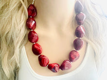 Load image into Gallery viewer, Red Swirl Necklace, single strand jewelry, big beaded chunky statement necklace, red resin painted bridesmaid necklace, bib necklace