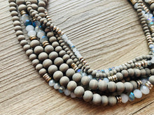 Load image into Gallery viewer, Gray Skys & Silver Blues statement Necklace, dyed gray wood beaded chunky bib wedding crystals, dark navy blue 6 strand jewelry, chunky bib