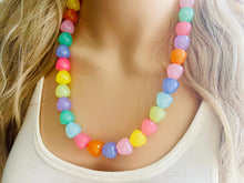 Load image into Gallery viewer, Summer Gumdrops Rainbow Statement Necklace, colorful chunky jewelry, single strand pride chunky beaded necklace, bubble necklace