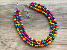 Load image into Gallery viewer, Cobblestone Chunky Rainbow Beaded Necklace, 3 Strand Colorful Jewelry statement necklace, wood big beaded necklace, rainbow jewelry baby