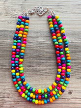 Load image into Gallery viewer, Cobblestone Chunky Rainbow Beaded Necklace, 3 Strand Colorful Jewelry statement necklace, wood big beaded necklace, rainbow jewelry baby