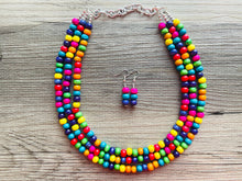 Load image into Gallery viewer, Cobblestone Chunky Rainbow Beaded Necklace, 3 Strand Colorful Jewelry statement necklace, wood big beaded necklace, rainbow jewelry baby