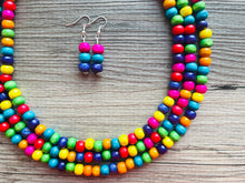 Load image into Gallery viewer, Cobblestone Chunky Rainbow Beaded Necklace, 3 Strand Colorful Jewelry statement necklace, wood big beaded necklace, rainbow jewelry baby