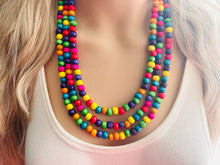 Load image into Gallery viewer, Cobblestone Chunky Rainbow Beaded Necklace, 3 Strand Colorful Jewelry statement necklace, wood big beaded necklace, rainbow jewelry baby