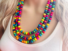 Load image into Gallery viewer, Cobblestone Chunky Rainbow Beaded Necklace, 3 Strand Colorful Jewelry statement necklace, wood big beaded necklace, rainbow jewelry baby