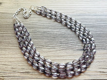 Load image into Gallery viewer, Translucent Smoke Gray 3 strand statement Necklace, Gray Beaded Necklace, summer silver jewelry, bubble bib neutral layer gunmetal