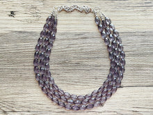 Load image into Gallery viewer, Translucent Smoke Gray 3 strand statement Necklace, Gray Beaded Necklace, summer silver jewelry, bubble bib neutral layer gunmetal