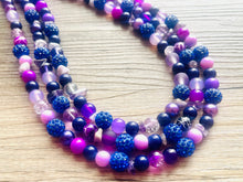 Load image into Gallery viewer, Meet Me At Midnight Necklace, Purple & Blue Statement Necklace, 3 strand chunky jewelry, dark purple eggplant navy rhinestone sparkle glass