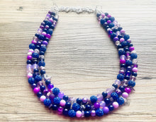 Load image into Gallery viewer, Meet Me At Midnight Necklace, Purple & Blue Statement Necklace, 3 strand chunky jewelry, dark purple eggplant navy rhinestone sparkle glass